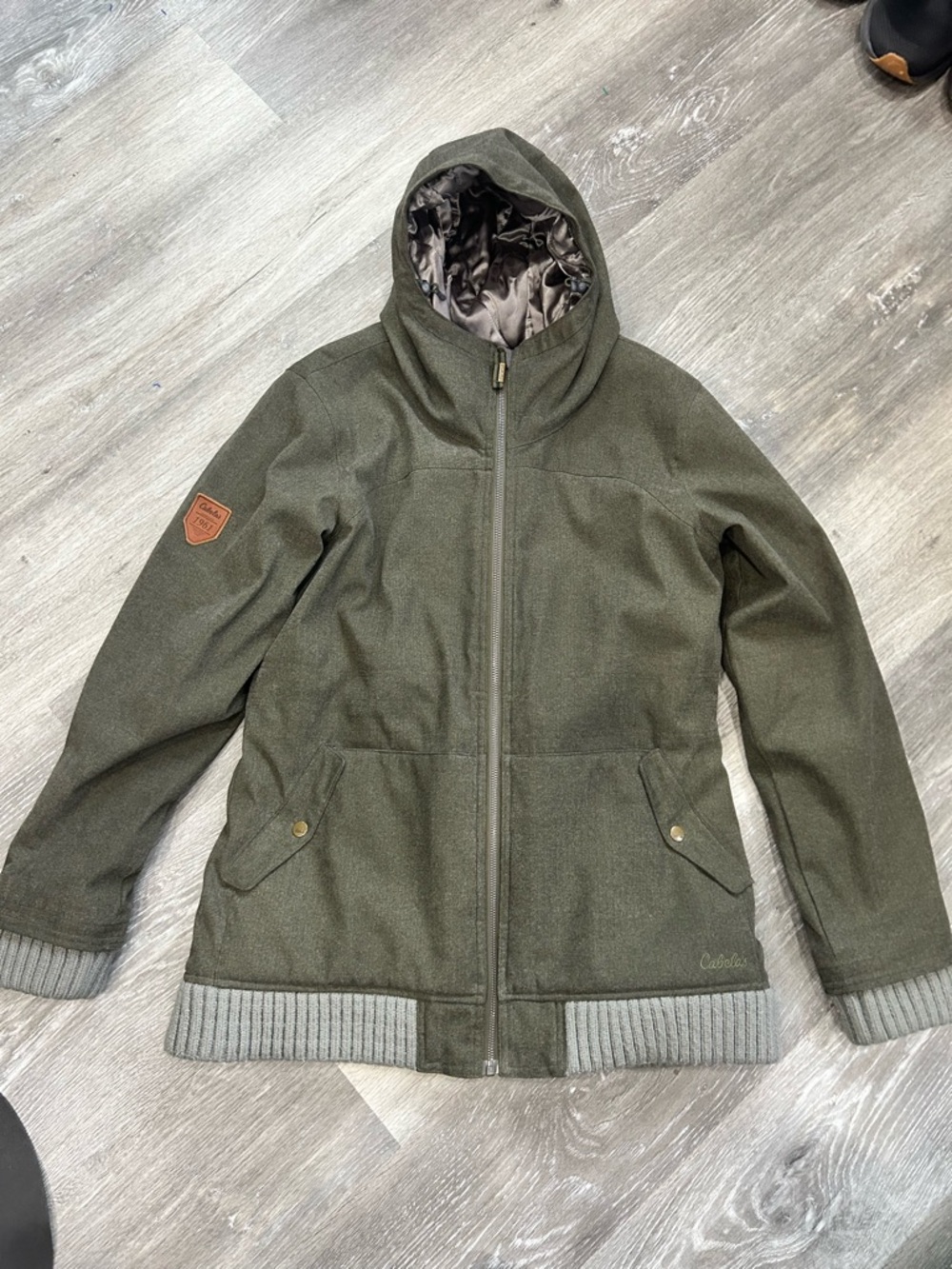 Cabela's Olive Green Softshell Jacket with Leather Patch